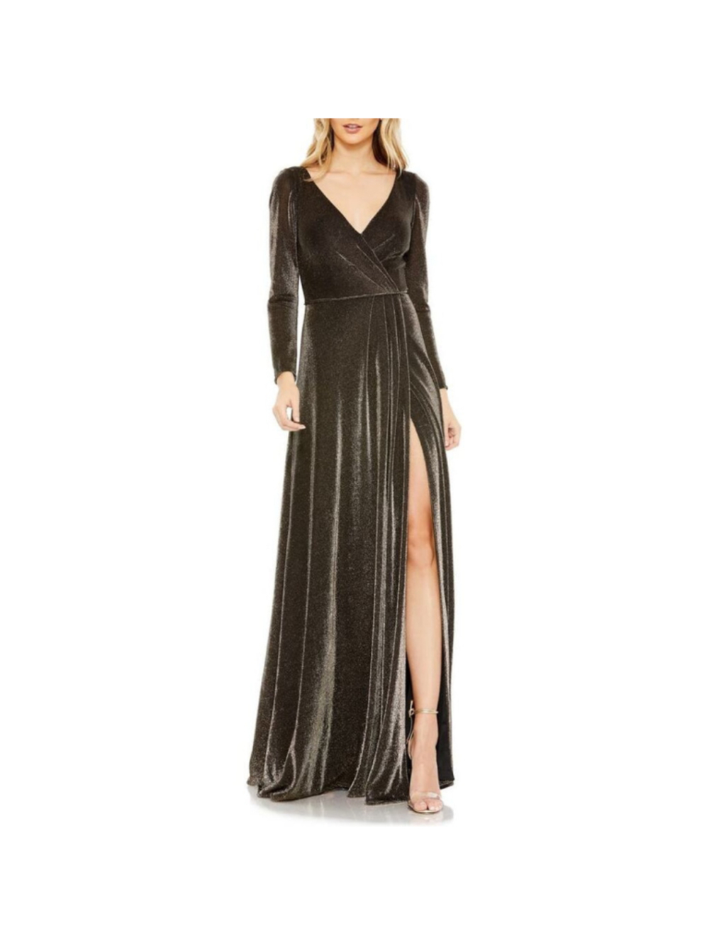 Mac Duggal Metallic Pewter/Gold Shimmer Long Sleeve Gown Black Gold 4 NWT Prom